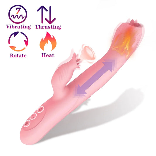 Thrusting Rabbit Vibrator for Women Pleasure Female Sex Toys with 7 Vibration & Tongue Licking & Thrusting & Rotating & Heating Mode, 5 in 1 Waterproof Adult Toy Silicone Stimulator for Couples